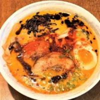 Spicy Miso Tonkotsu Ramen · Popular!! Spicy miso pork soup base: veggie mix(cabbage, carrot & bean sprouts), kikurage mu...