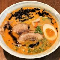 Miso Tonkotsu Ramen · Miso pork soup base: veggie mix(cabbage, carrot & bean sprouts), kikurage mushrooms, bamboo ...