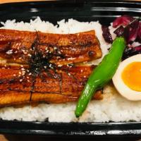 Regular Unagi Don · Simmered Eel over Rice, peppers, half-boiled egg, and pickles (contains sesame seeds), nori ...