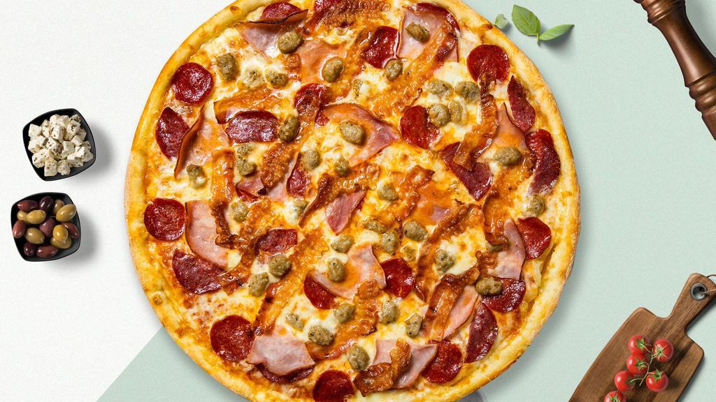 Halal Polk Pizza · Halal pepperoni, mushroom, salami and ground beef.