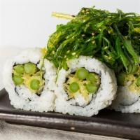 Florida Roll · Aspargus Roll Topped with Seaweed Salad