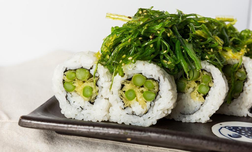 Florida Roll · Aspargus Roll Topped with Seaweed Salad