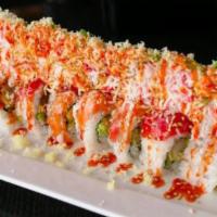 101 Roll · Shrimp tempura, cucumber, inside, wrapped with tuna, salmon, top with crab meat, green onion...