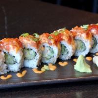 Red Dragon Roll · Shrimp tempura, cucumber, topped with spicy tuna, tobiko, green onion, unagi sauce, spicy ma...