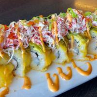 Super Godzilla Roll · Deep fried yellowtail and avocado topped with crab, green onion and tobiko with spicy mayo a...