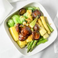 Four Seasons Vegetables · Fresh asparagus, mushrooms, bok choy and cauliflower in a light oyster sauce.