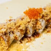 Crunchy Roll · Inside: shrimp tempura, avocado, cucumber. Outside:crunchy tempura, tobiko tempura flake, un...