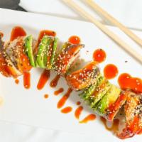 Dragon Roll · Shrimp tempura, cucumber, imitation crab, avocado outside: BBQ eel, avocado, special sauce, ...