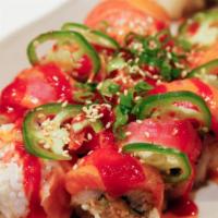 Las Vegas Roll · Inside: salmon, cucumber, shrimp tempura. Outside: tuna, salmon, spicy tuna, jalapeño, spicy...