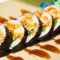 Shrimp Tempura Roll · Shrimp tempura, cucumber, avocado, tobiko, lettuce, unagi sauce, sesame with seaweed wrap ou...