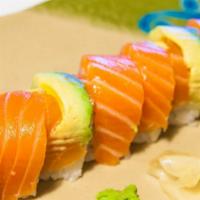 Golden Salmon · Inside: cucumber, salmon tempura. Outside: avocado, salmon.