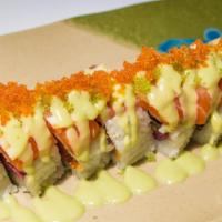 Namasake Roll · Inside: salmon, cream cheese, avocado. Outside: salmon, slice lemon, wasabi sauce, tobiko.