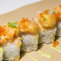Scallop Roll · Inside: cucumber, shrimp, crab. Outside: tempura scallop, wasabi sauce, black tobiko.