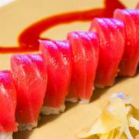 Lady in Red Roll · Inside: tuna, cucumber, avocado, tobiko. Outside: tuna.