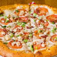10. Peninsula Special · Ranch sauce, marinated chicken, green onions, fresh tomatoes, bacon, and garlic.