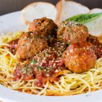 Spaghetti Meatballs · Marinara sauce, meatballs, Parmesan cheese.
