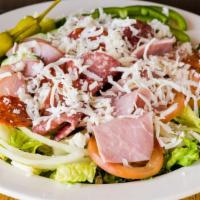 Chef Salad · Lettuce, tomatoes, onions, bell peppers, cucumber, pepperoncini, ham, salami pepperoni, ham,...