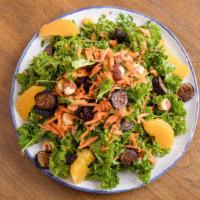 Citrus Hazelnut Kale Salad · Massaged kale, shredded carrots, sprouts, orange, toasted hazelnuts, dried figs, in an apple...