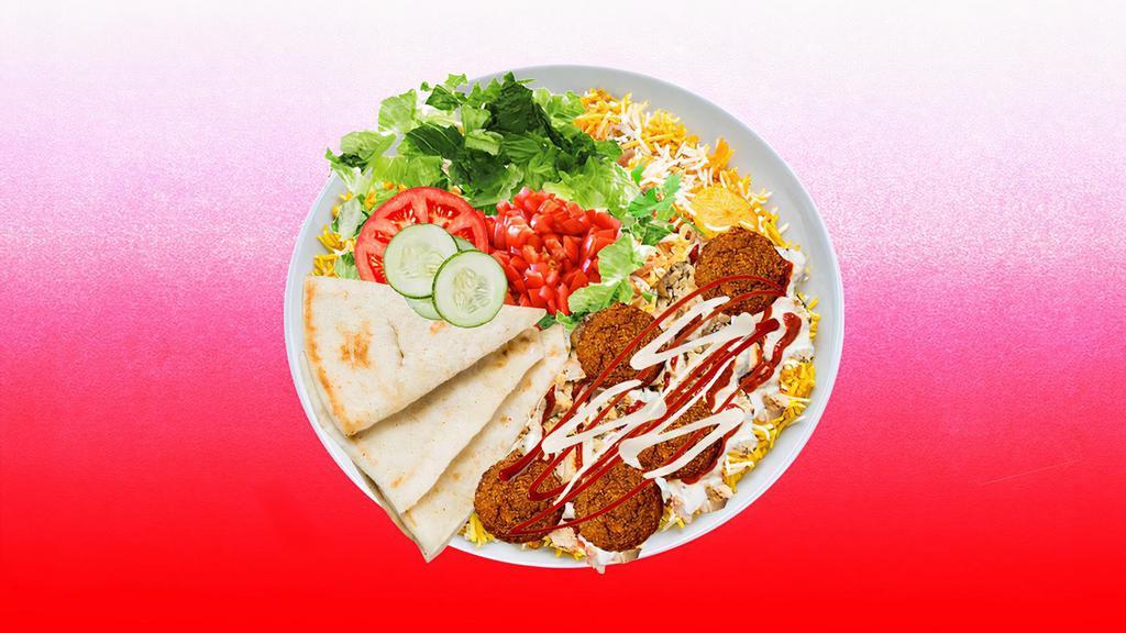 Spicy Falafel Rice Platter · Falafel over rice and topped with spicy red sauce.  Served with cucumber & tomato salad, leafy greens, white sauce, and pita.