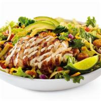 Southwest Salad · Ancho-grilled chicken breast, black beans, avocado, fried jalapeño coins, tomatoes, diced re...