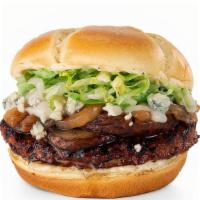 Porta-Blue Turkey Burger · Turkey burger with sautéed and blackened portobello mushrooms, caramelized onion, creamy che...