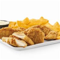 Crispy Chicken Tenders & Fries · Breaded and golden-fried chicken tenders served with steak fries and ranch.
