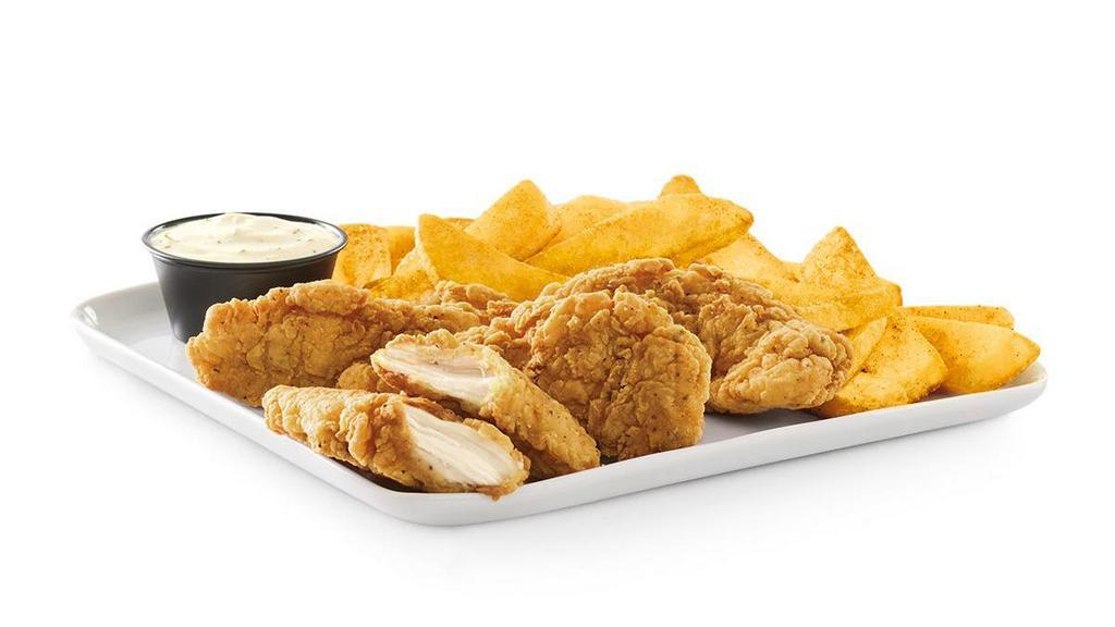 Crispy Chicken Tenders & Fries · Breaded and golden-fried chicken tenders served with steak fries and ranch.