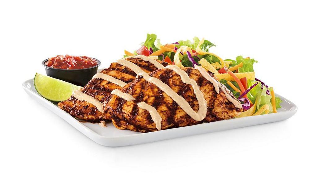 Baja Chicken Plate · One or two ancho-grilled chicken breasts, house-made salsa and salsa-ranch dressing. Served with choice of side.