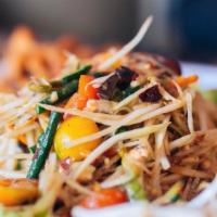 Papaya Salad · Shredded green papaya with tomato, green bean, ground peanut and dried shrimps in spicy lime...