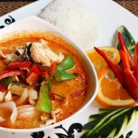 Panang Curry · Choice of sliced chicken, beef, pork in red curry paste,  coconut milk, bell pepper, basil m...
