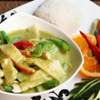 Green Curry · Choice of sliced chicken, beef, pork in green curry paste, coconut milk, bell pepper, bamboo...