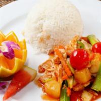 Sweet and Sour Chicken · Sauteed chicken with onion, green onion, bell pepper, tomatoes and pineapple.