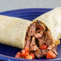 Al Pastor Burrito · Inspired by Mexico City Style, Marinated Pork in fresh juices and spices rice, beans, pico d...