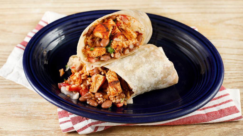 Pollo Asado Burrito · Grilled chicken with choice of beans, rice, pico de gallo and tortilla or try it naked with lettuce. Comes with a single serving of papalote salsa and a few chips.