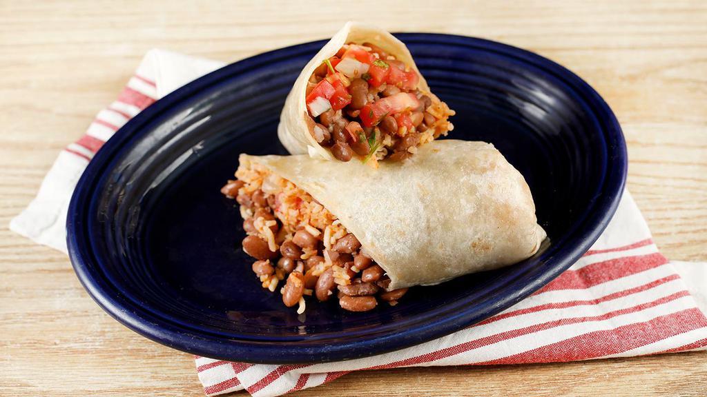Rice & Beans Burrito · Choice of beans, rice, pico de, gallo and tortilla or try it naked with lettuce. Comes with a single serving of papalote salsa and a few chips.