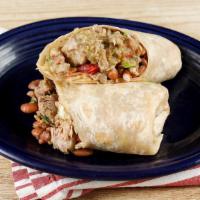 Chile Verde Burrito · Tender chunks of pork cooked in a tangy, green tomatillo and serrano pepper sauce; served wi...