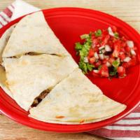 Carne Asada Quesadilla · Grilled steak served on a flour tortilla with melted cheese. Comes with a single serving of ...