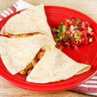 Pollo Asado Quesadilla · Grilled chicken served on a flour tortilla with melted cheese. Comes with a single serving o...