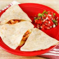 Prawn Quesadilla · Prawn grilled with lime juice, served on a flour tortilla with melted cheese. Comes with a s...