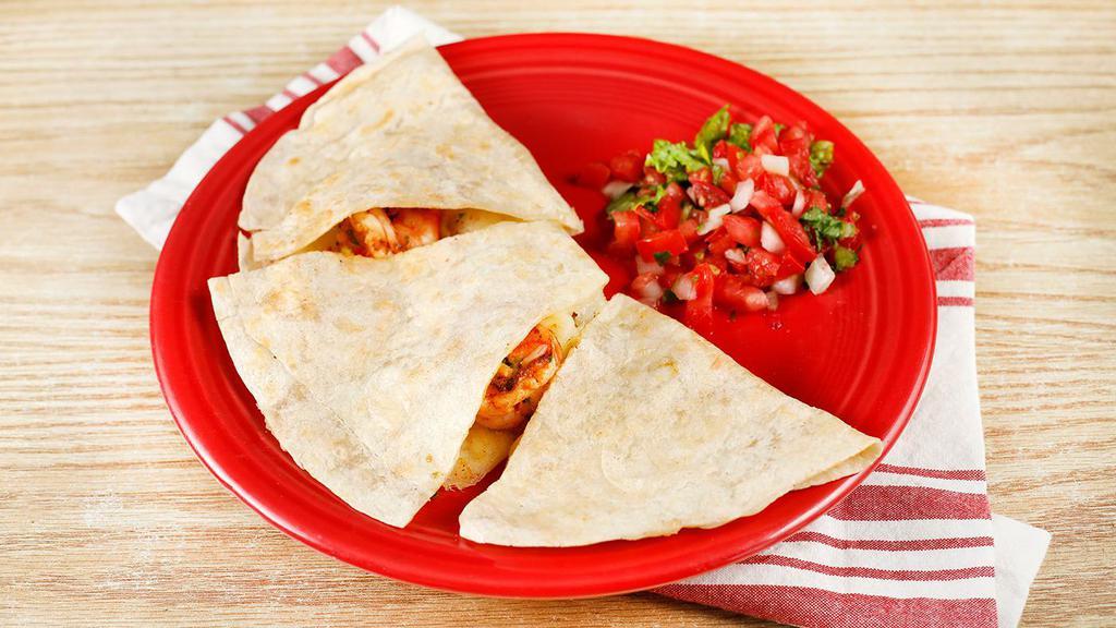 Prawn Quesadilla · Prawn grilled with lime juice, served on a flour tortilla with melted cheese. Comes with a single serving of papalote salsa and a few chips.
