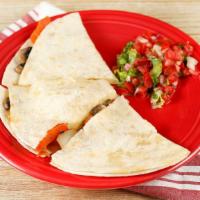 Veggie Quesadilla · Vegetarian. Potato, carrot and mushroom; served on a flour tortilla with melted cheese. Come...