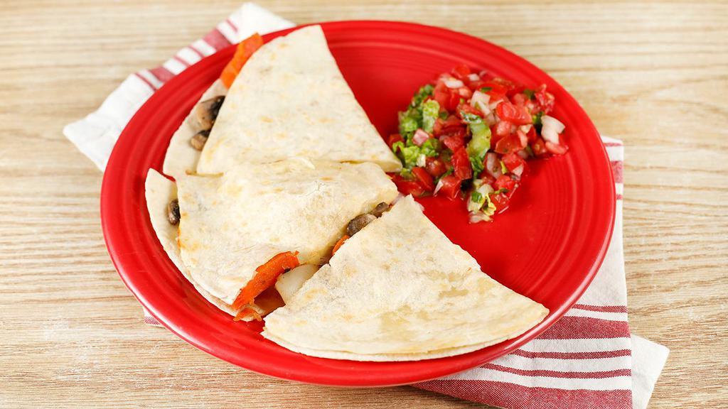 Veggie Quesadilla · Vegetarian. Potato, carrot and mushroom; served on a flour tortilla with melted cheese. Comes with a single serving of papalote salsa and a few chips.