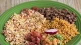 Huevos a la Mexicana · Vegetarian. Scrambled eggs with tomato and onion. Served as a plate with rice, beans, jicama...
