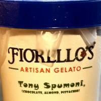 Pint of Fiorello's Artisan Gelato - Tony Spumoni  · Hand Made, Hand Packed, Airless Gelato made locally in Marin.  Toni Spumoni ( Chocolate, Alm...