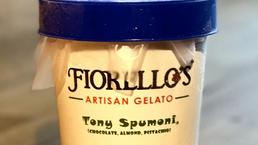 Pint of Fiorello's Artisan Gelato - Tony Spumoni  · Hand Made, Hand Packed, Airless Gelato made locally in Marin.  Toni Spumoni ( Chocolate, Almond, Pistacio)