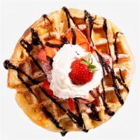Strawberry Chocolate Waffle · One Belgian waffle drizzled with chocolate sauce and topped with strawberries. Served with s...