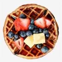 Mixed Berry Waffle · One Belgian waffle loaded with fresh blueberries and strawberries, and topped with a drizzle...
