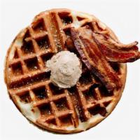 Maple Bacon Waffle · One Belgian waffle topped with crispy bacon. Served with syrup on the side.