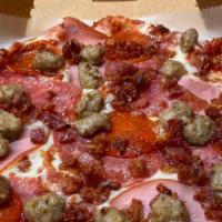 The Carnivore · Buffalo mozzarella, pepperoni, salami, bacon, Italian sausage.