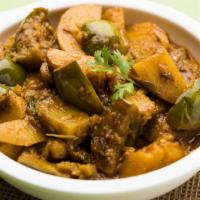 Aloo Banghan · Delicious potatoes and eggplants cooked with herbs and spices.